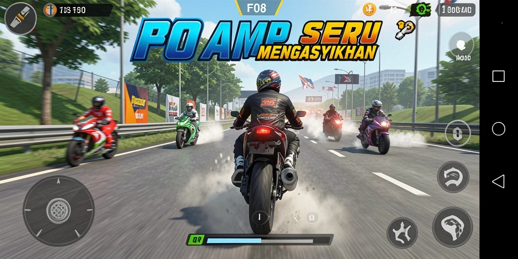 Tampilan gameplay FO8 yang penuh aksi balap motor.