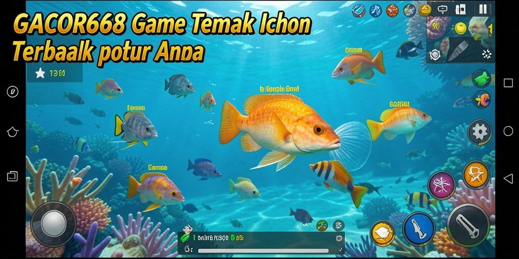 Tampilan gameplay GACOR668 dengan ikan berwarna-warni dan senjata menarik.