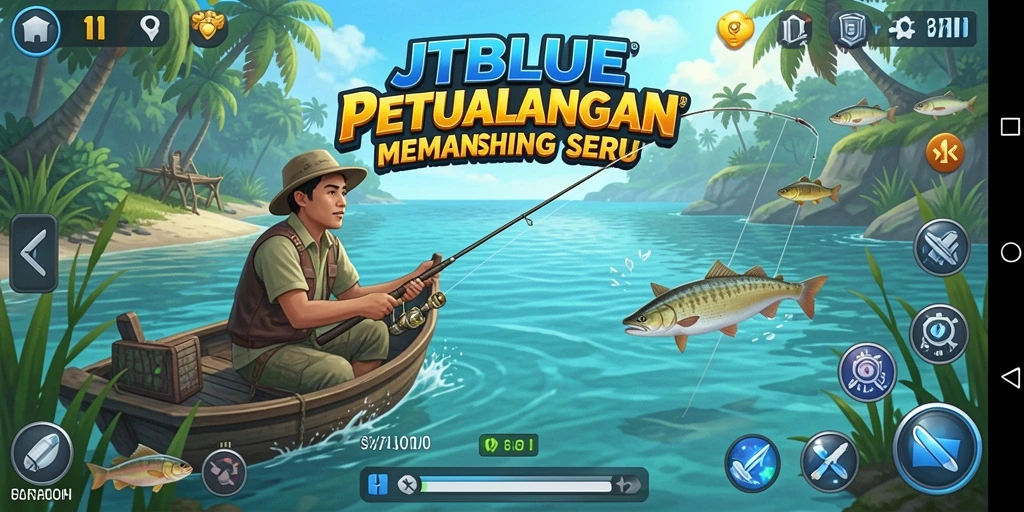 Screenshot gameplay JTBLUE dengan aksi memancing yang seru.