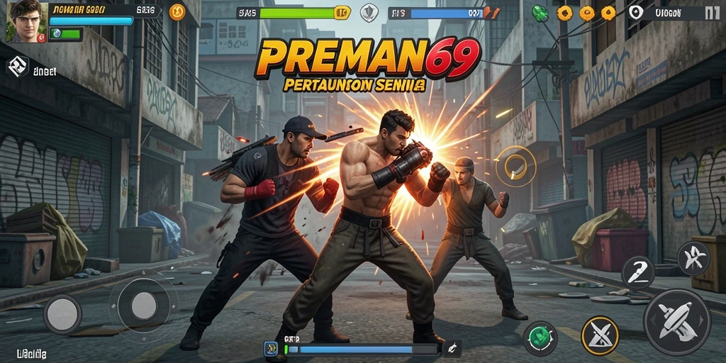 Tampilan gameplay <strong>PREMAN69</strong> dengan pertarungan seru dan karakter unik.