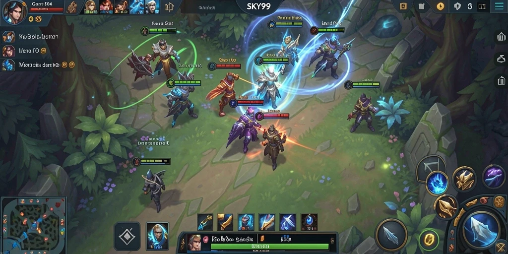 Screenshot gameplay <strong>SKY99</strong> menampilkan aksi MOBA yang mendebarkan.
