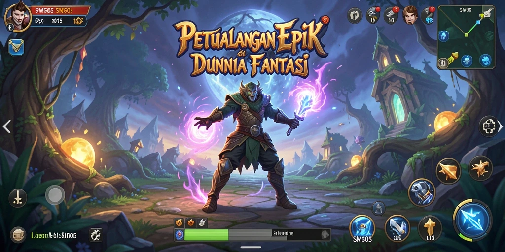 Tampilan gameplay SM605 dengan karakter beraksi di dunia fantasi.
