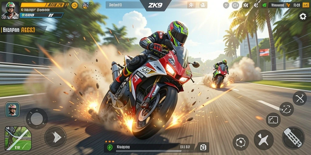 Gameplay seru dan mendebarkan dalam ZK9 dengan motor balap.